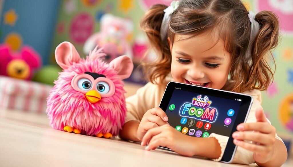 Image of a child playing with Furby Boom and a tablet showing the Furby Boom app