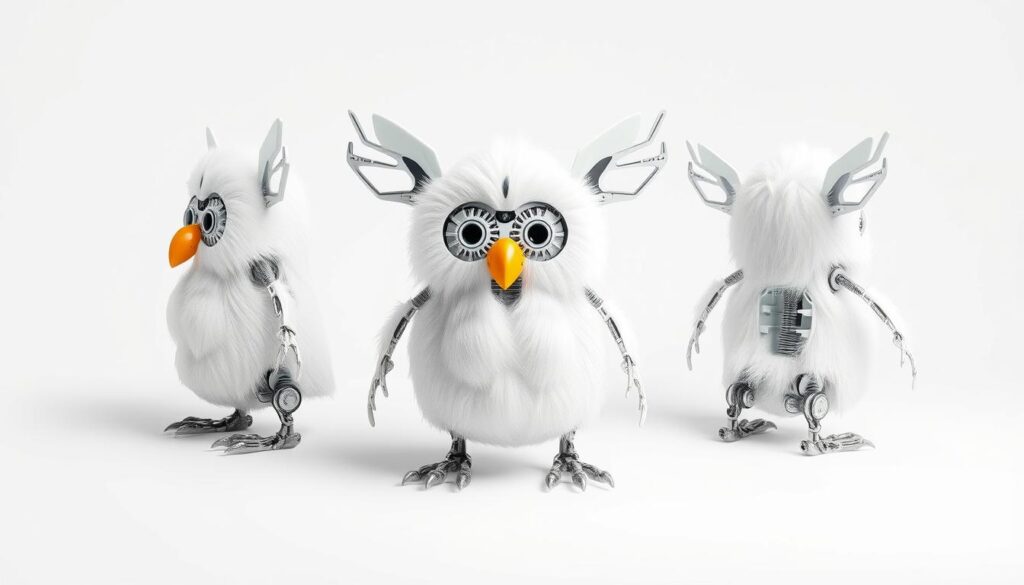 Smooth, skeletal figure of a Furby, its furry exterior peeled away to reveal the inner mechanics. Crisp, clinical lighting from multiple angles illuminates the intricate gears, springs, and servos that bring the iconic toy to life. Stark white background provides a clean, minimalist setting, drawing the viewer's attention to the bare, mechanical essence of the Furby. Detailed, high-resolution render captures every subtle contour and texture, showcasing the engineering brilliance behind this beloved childhood companion.