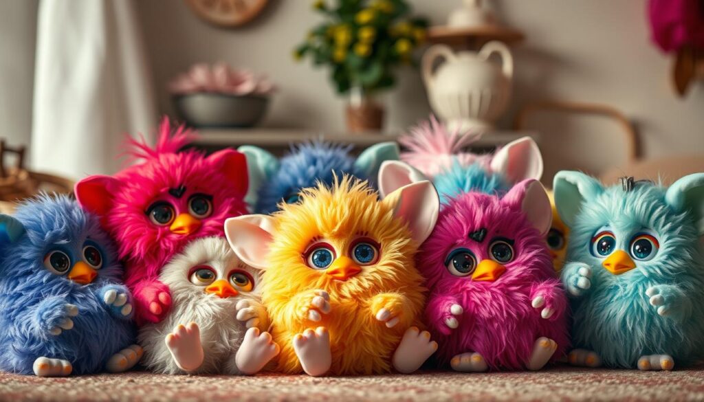 Whimsical Furby companions gathered in a cozy, nostalgic setting. A group of vibrant Furbys sit together, their soft fur textures and expressive eyes filled with playful curiosity. Soft, diffused lighting illuminates the scene, creating a warm, inviting atmosphere. The Furbys are posed in various endearing positions, some snuggling, others interacting, conveying a sense of friendship and camaraderie. The background features a subtle, vintage-inspired decor, hinting at the 1998 era when these beloved creatures captivated the world. The overall composition exudes a sense of comfort, charm, and the enduring appeal of the Furby phenomenon.
