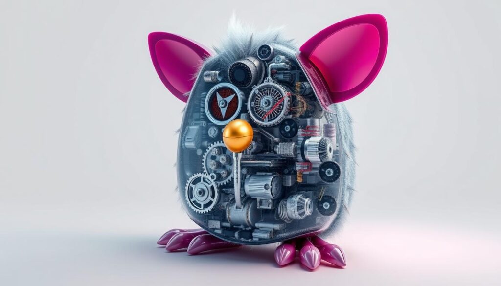 a highly detailed and technical cross-section rendering of the internal mechanism of a 1998 Furby toy, shown in a crisp, clean, and well-lit studio environment. The image should clearly showcase the intricate gears, motors, and electronic components that made the Furby's movement and sounds possible, captured from an optimal angle to highlight the engineering marvels of the design. The overall tone should convey a sense of wonder and appreciation for the technological achievements of the era, presented in a visually striking and informative manner.